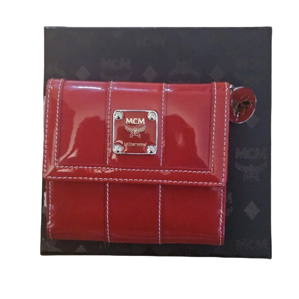 MCM Munchen Red Patent Leather Bifold Wallet with Logo Plaque and Box